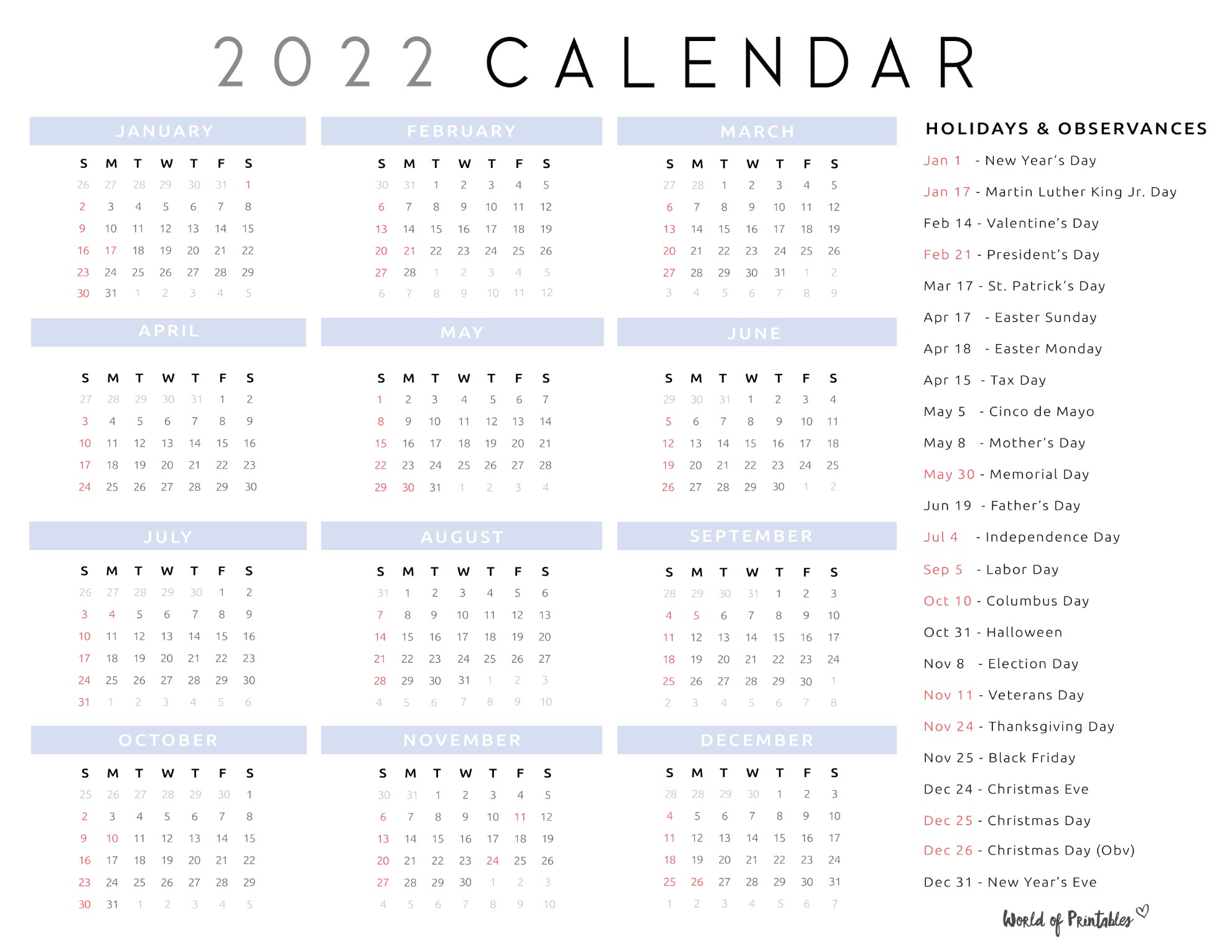 2022 Calendar With Holidays World Of Printables