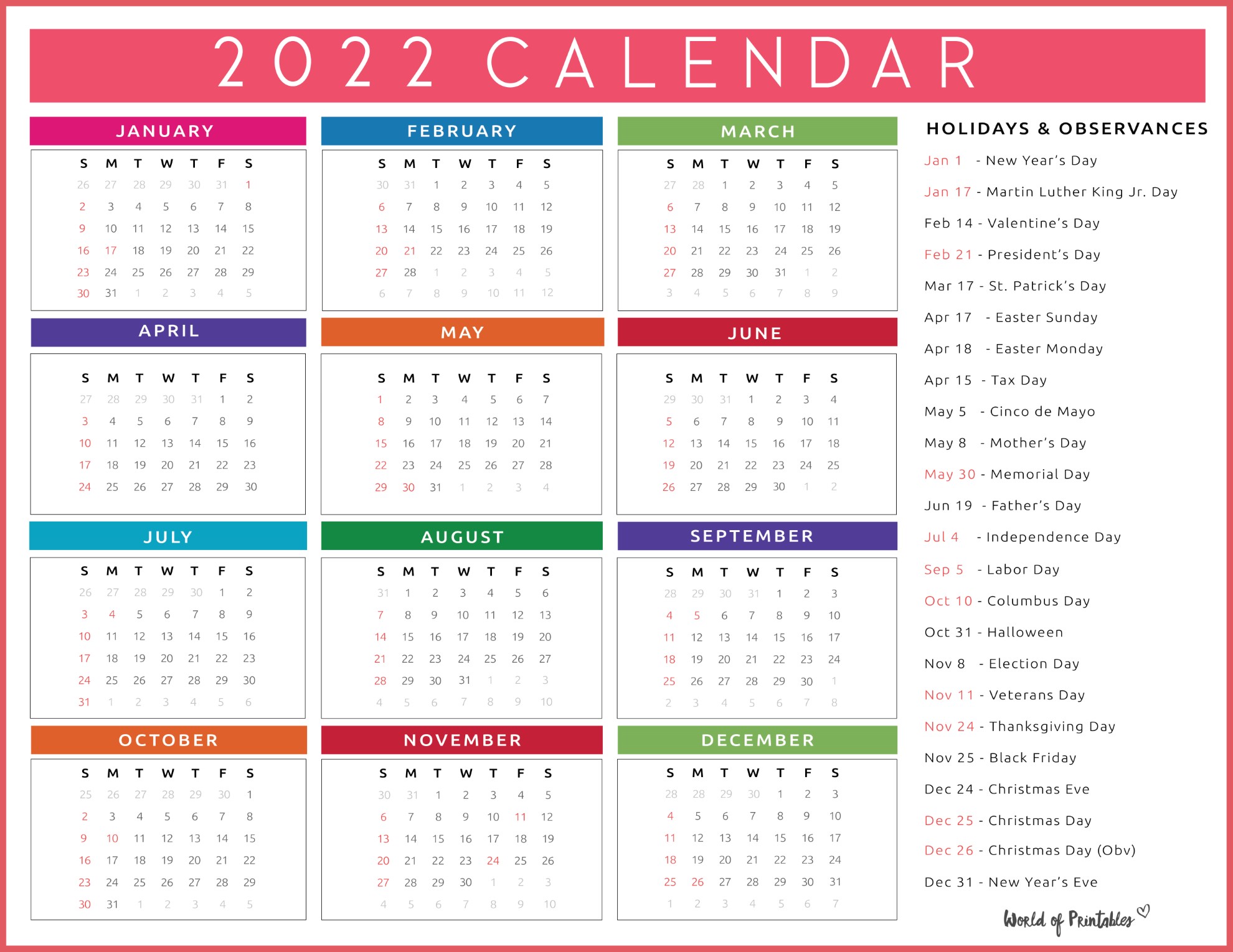 2022 Calendar With Federal Holidays