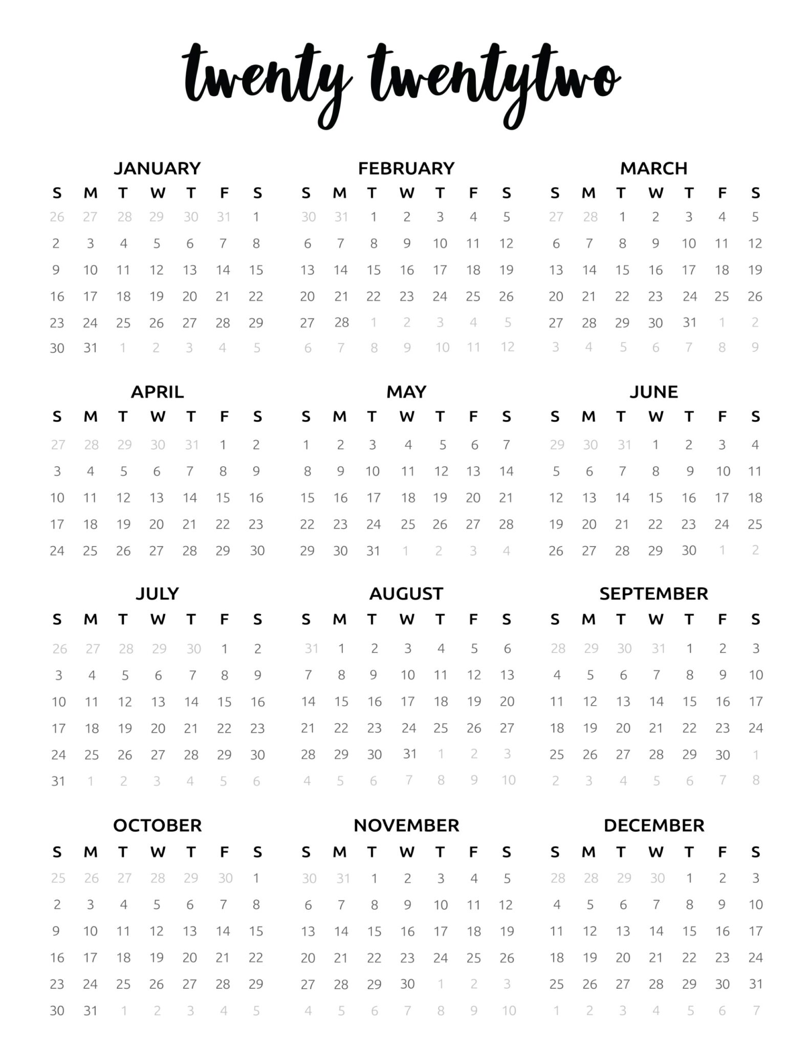 printable mini calendar 2022