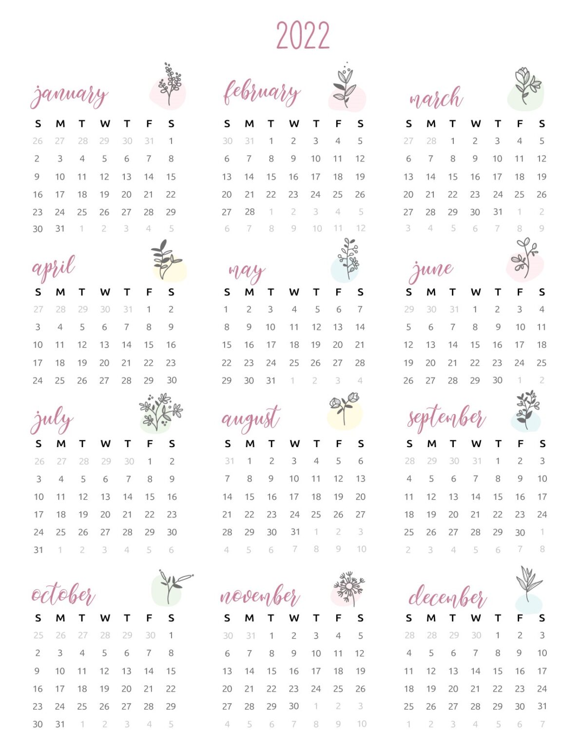 printable 2022 mini calendar