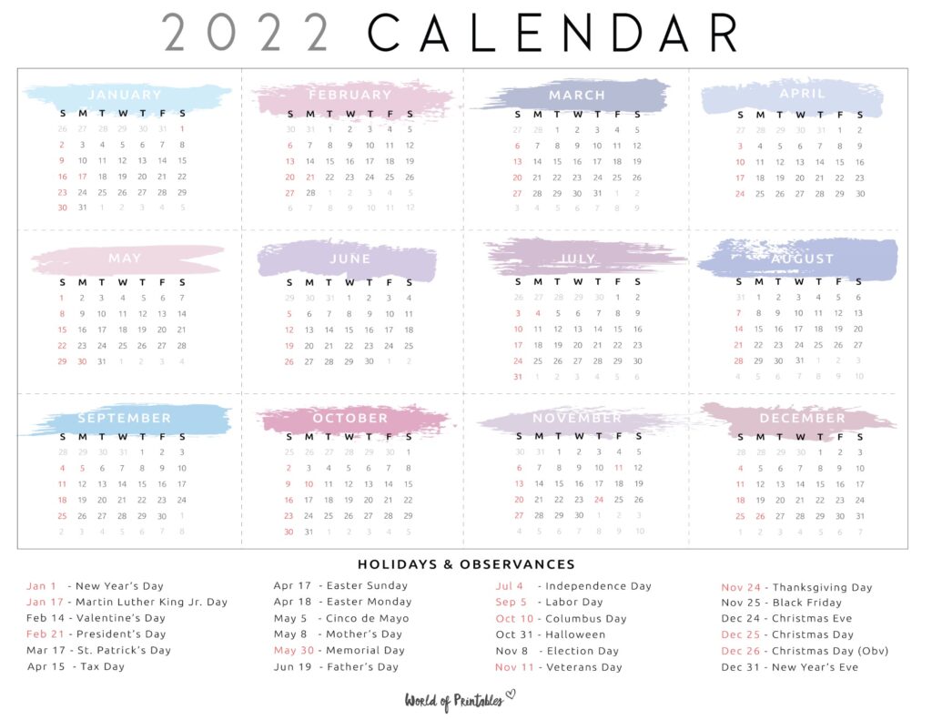 2022 calendar with holidays