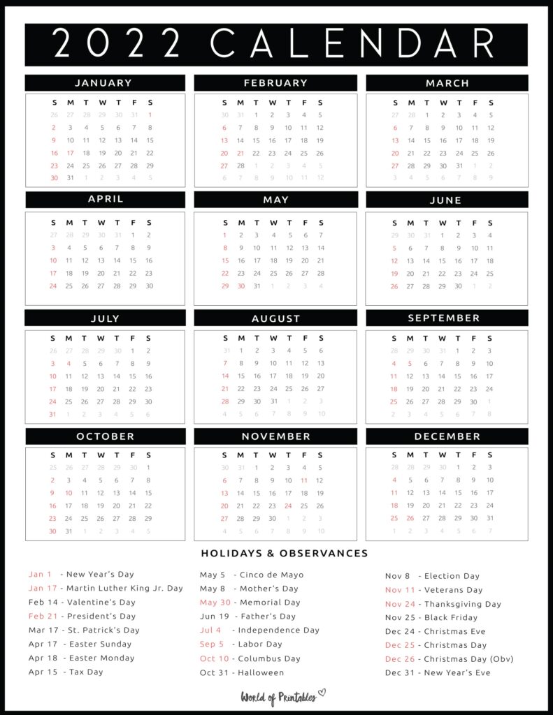 2022 holidays calendar