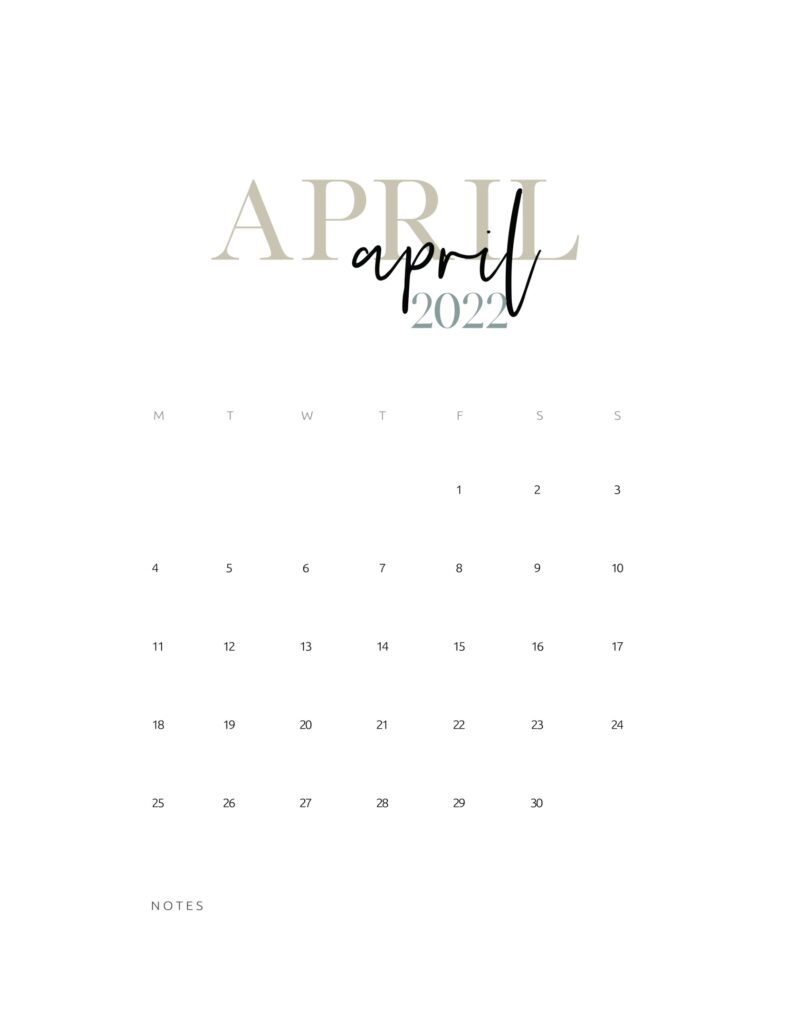 2022 monthly calendar printable - april