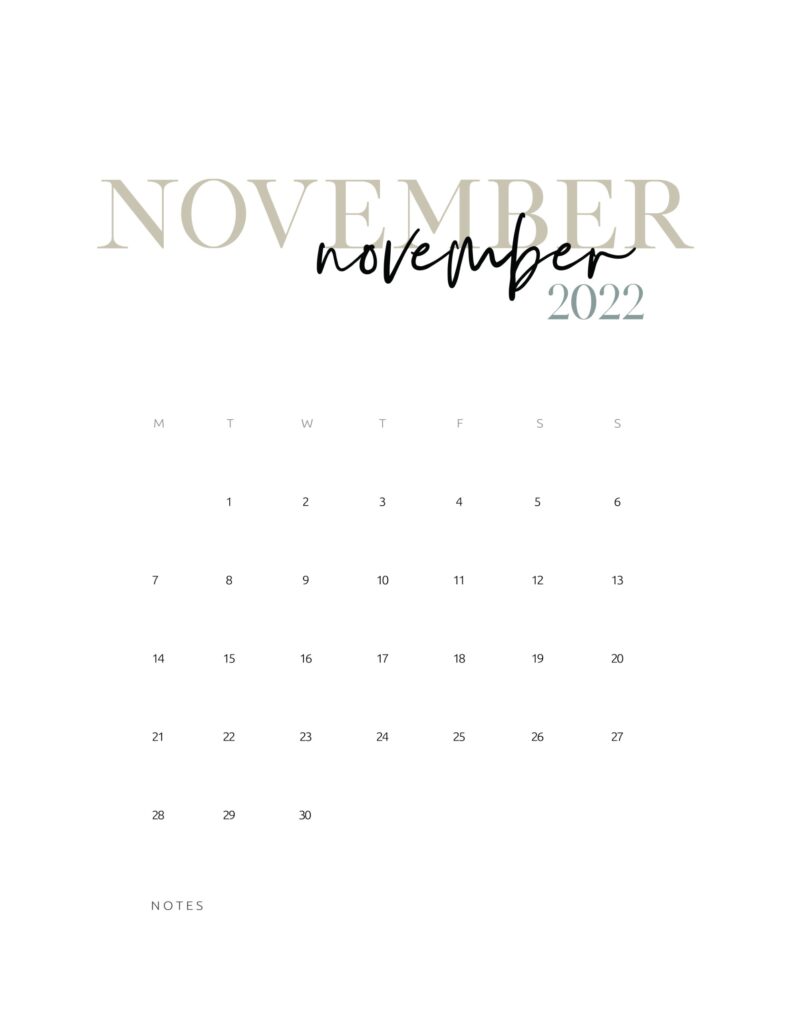 2022 monthly calendar printable - november