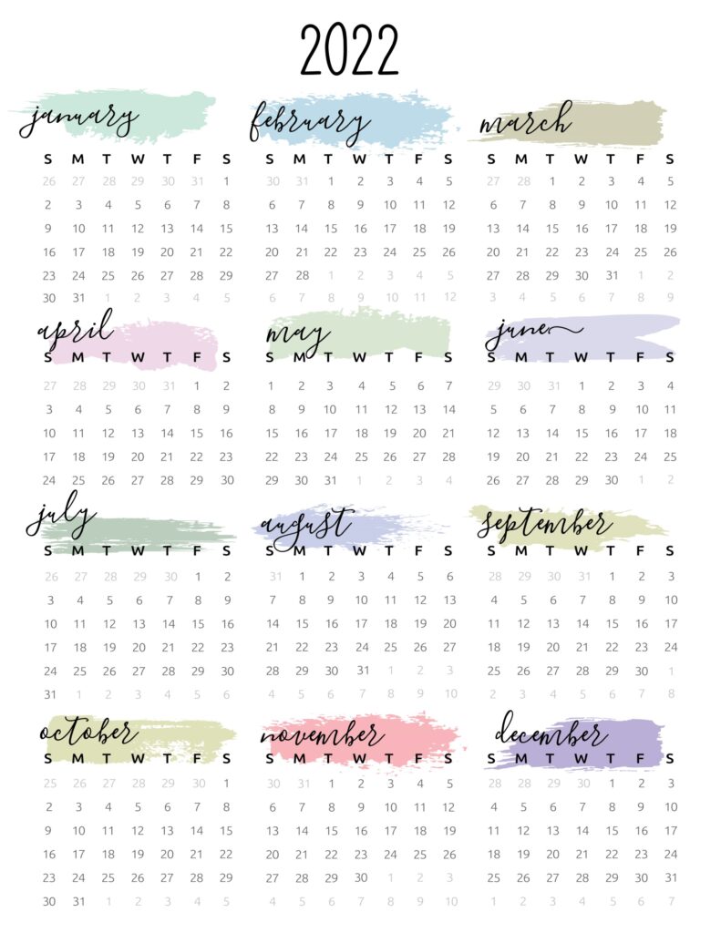 2022 one page calendar printable pastel watercolor