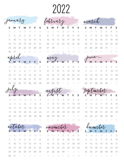 watercolor one page 2022 calendar world of printables