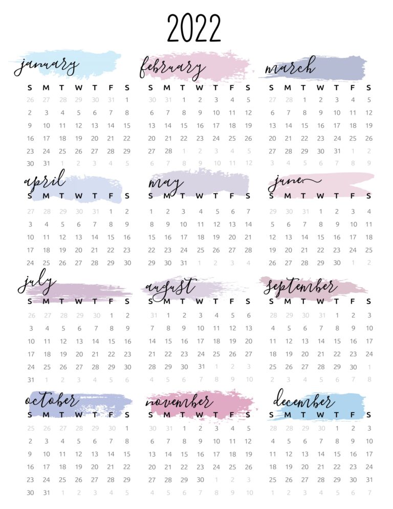 Watercolor One Page 2022 Calendar World Of Printables Watercolor One Page 2022 Calendar World Of Printables