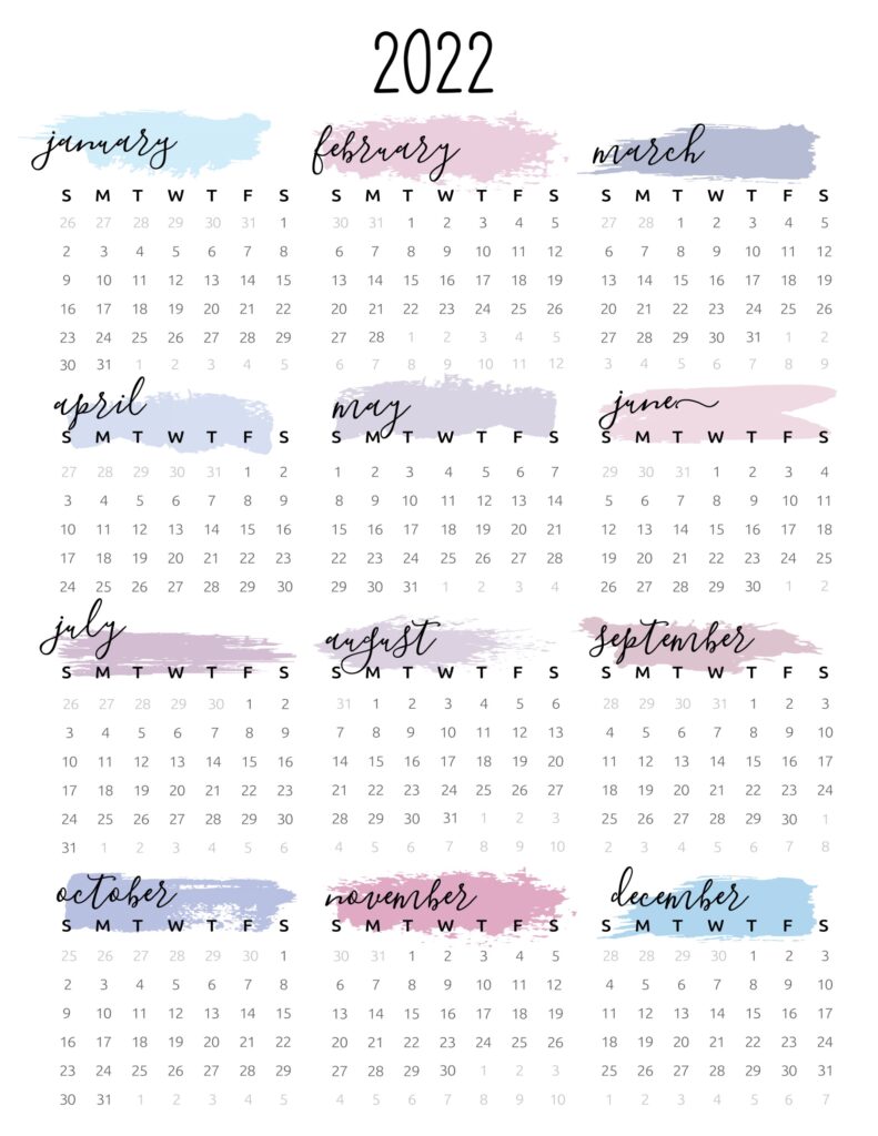 watercolor one page 2022 calendar world of printables