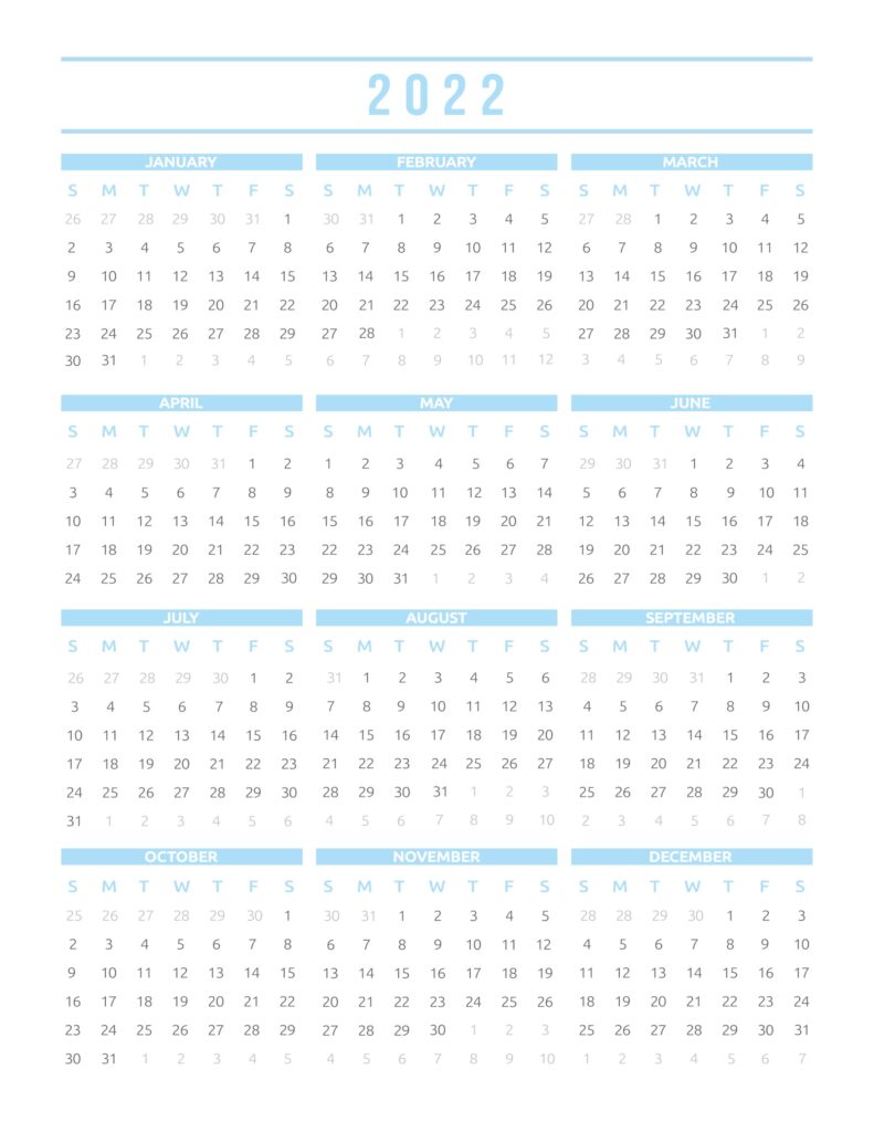 Blue 2022 printable year calendar