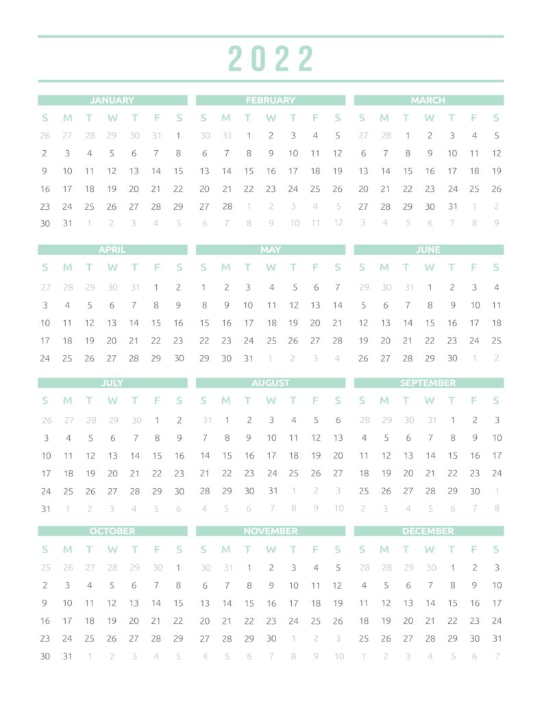 Green 2022 printable year calendar
