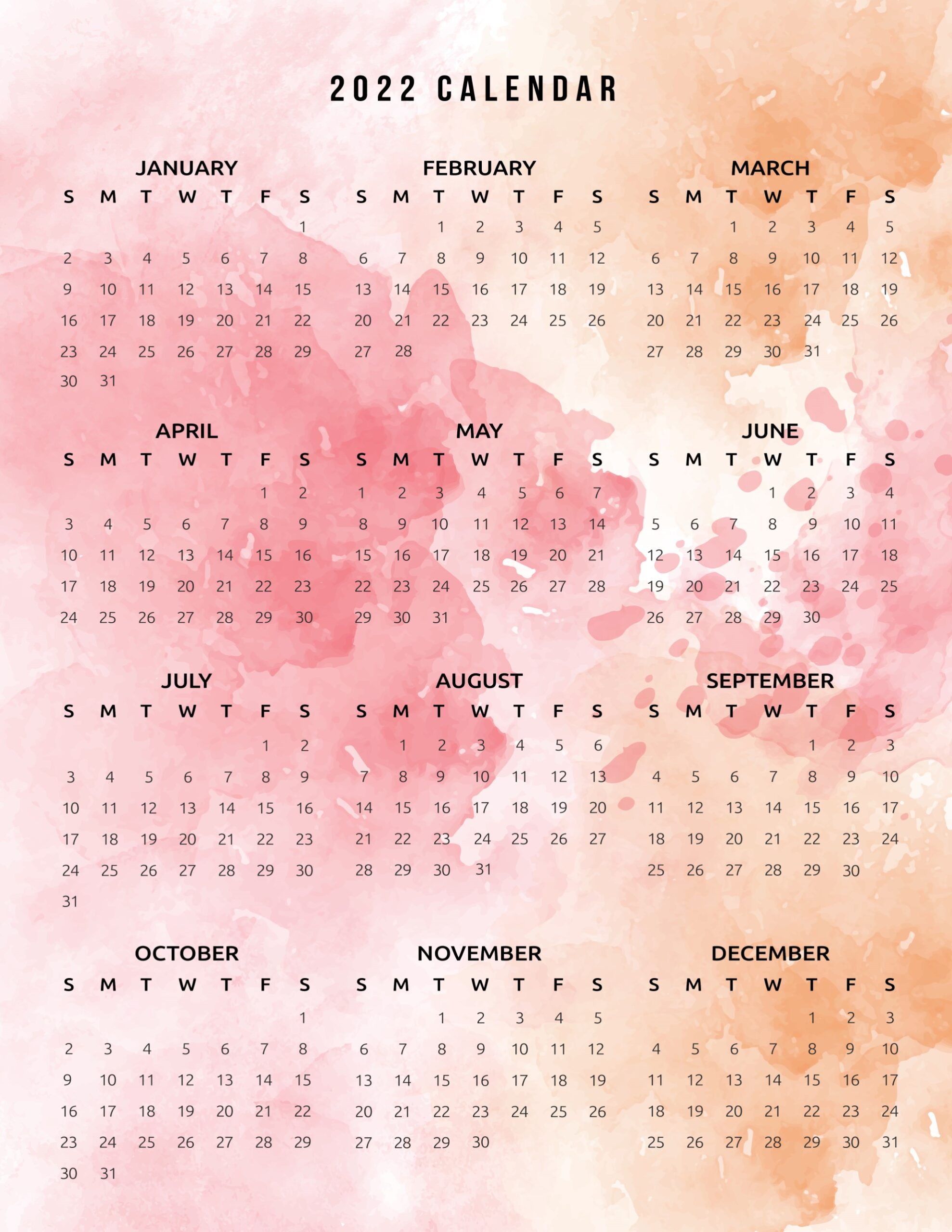 2022 printable calendar one page watercolor world of printables