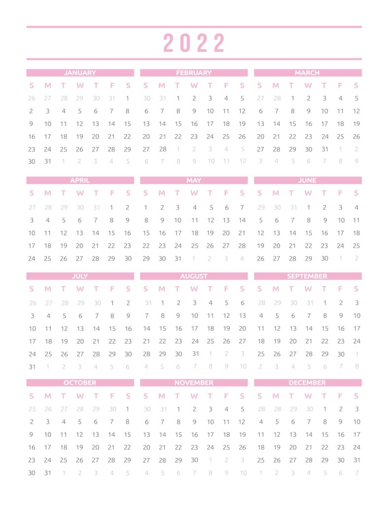 Pink 2022 printable year calendar
