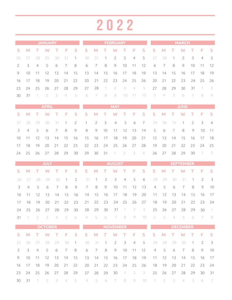 Peach 2022 printable year calendar