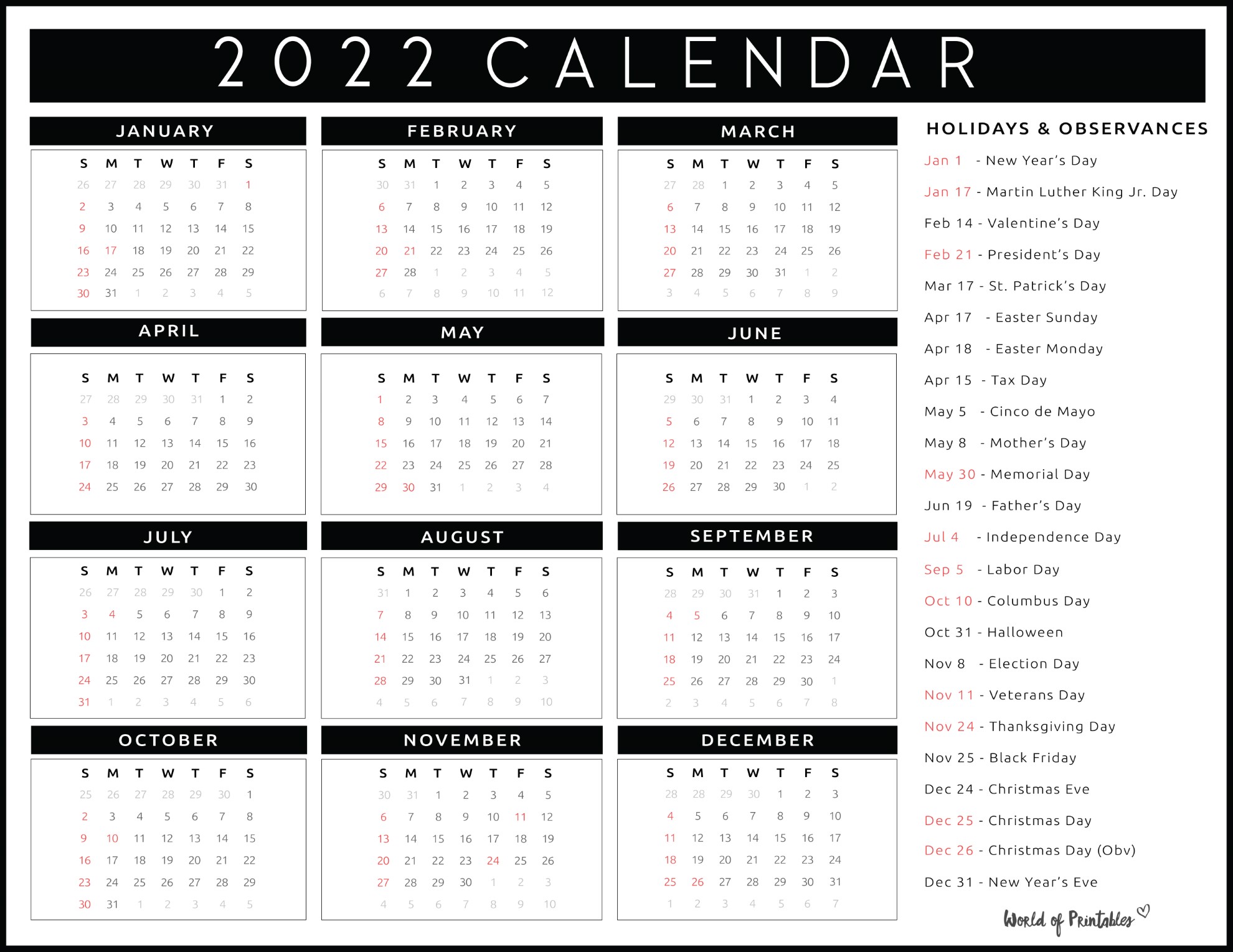 2022 calendar with holidays world of printables