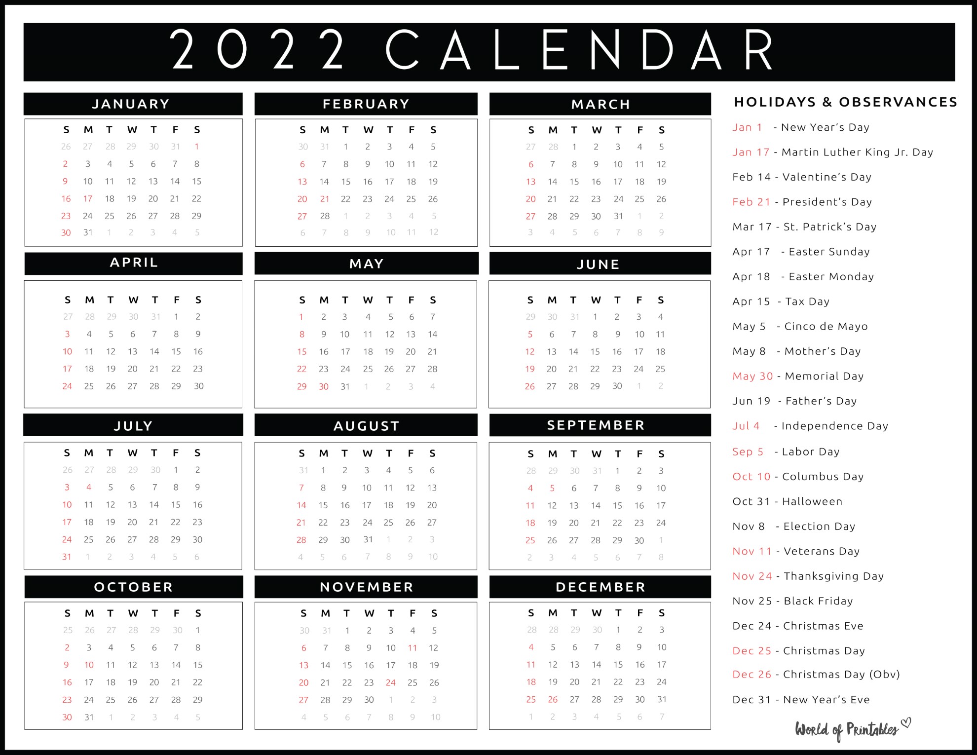 2022 Calendar With Holidays