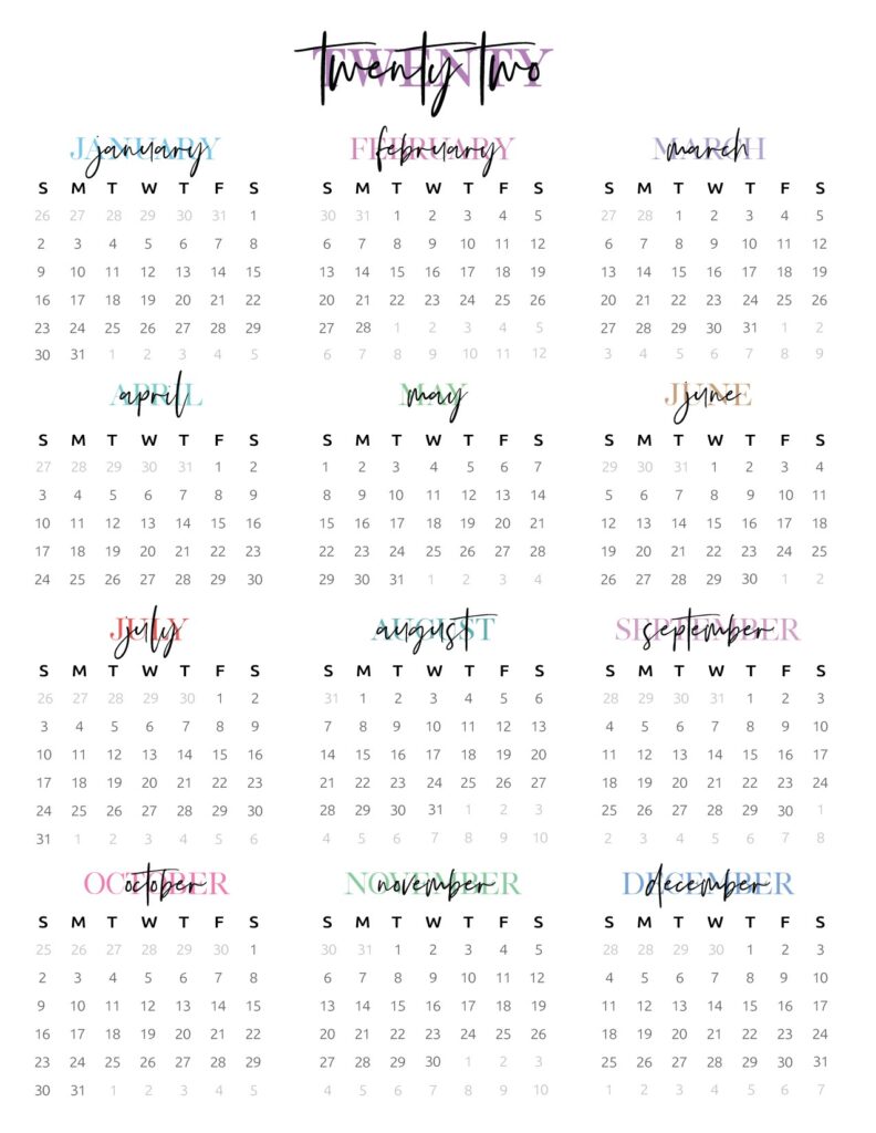 Free Printable 2022 Year Calendar