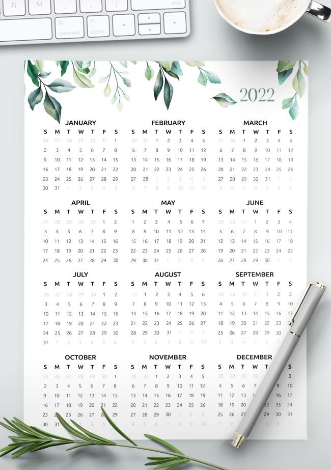 2022 calendar one page printable botanical theme world of printables