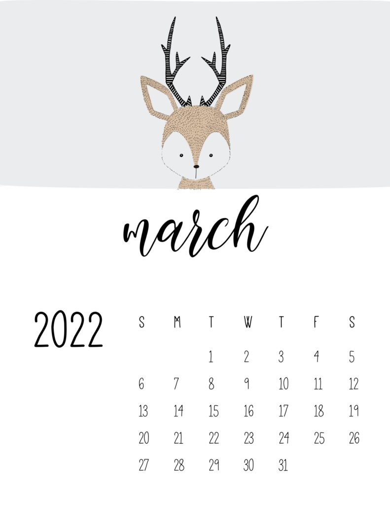animal calendars 2022 March featuring a cute deer