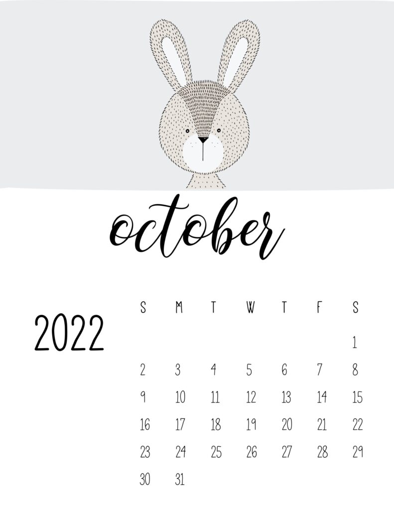 animal calendars 2022 October that shows a cute rabbit at the top