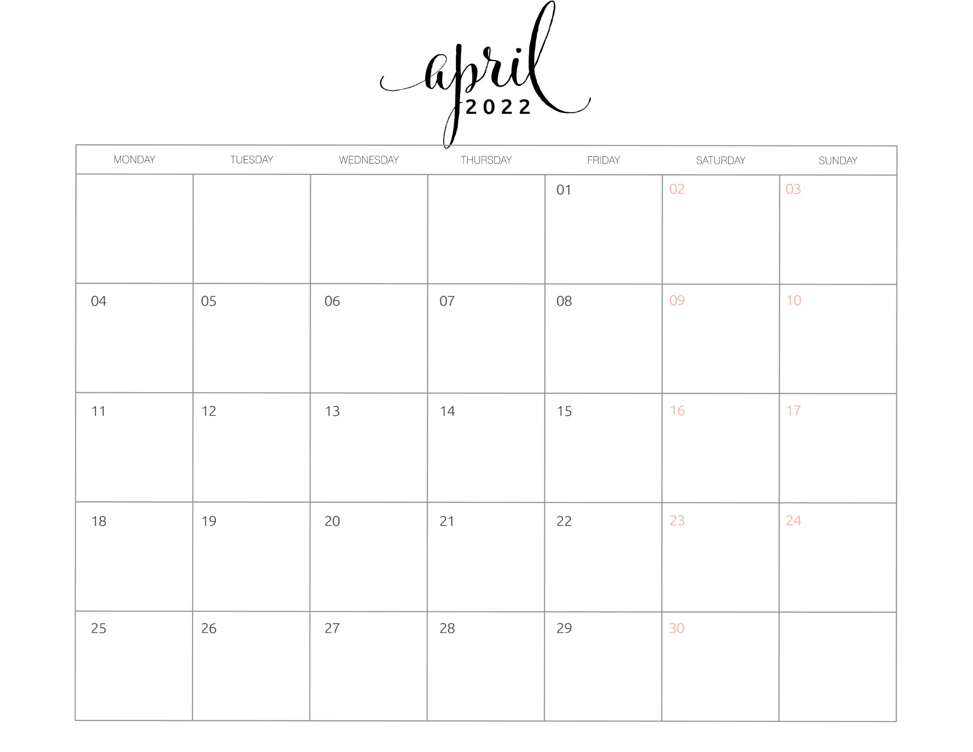 Monthly planner April 2022 printable calendar Digital Calendar