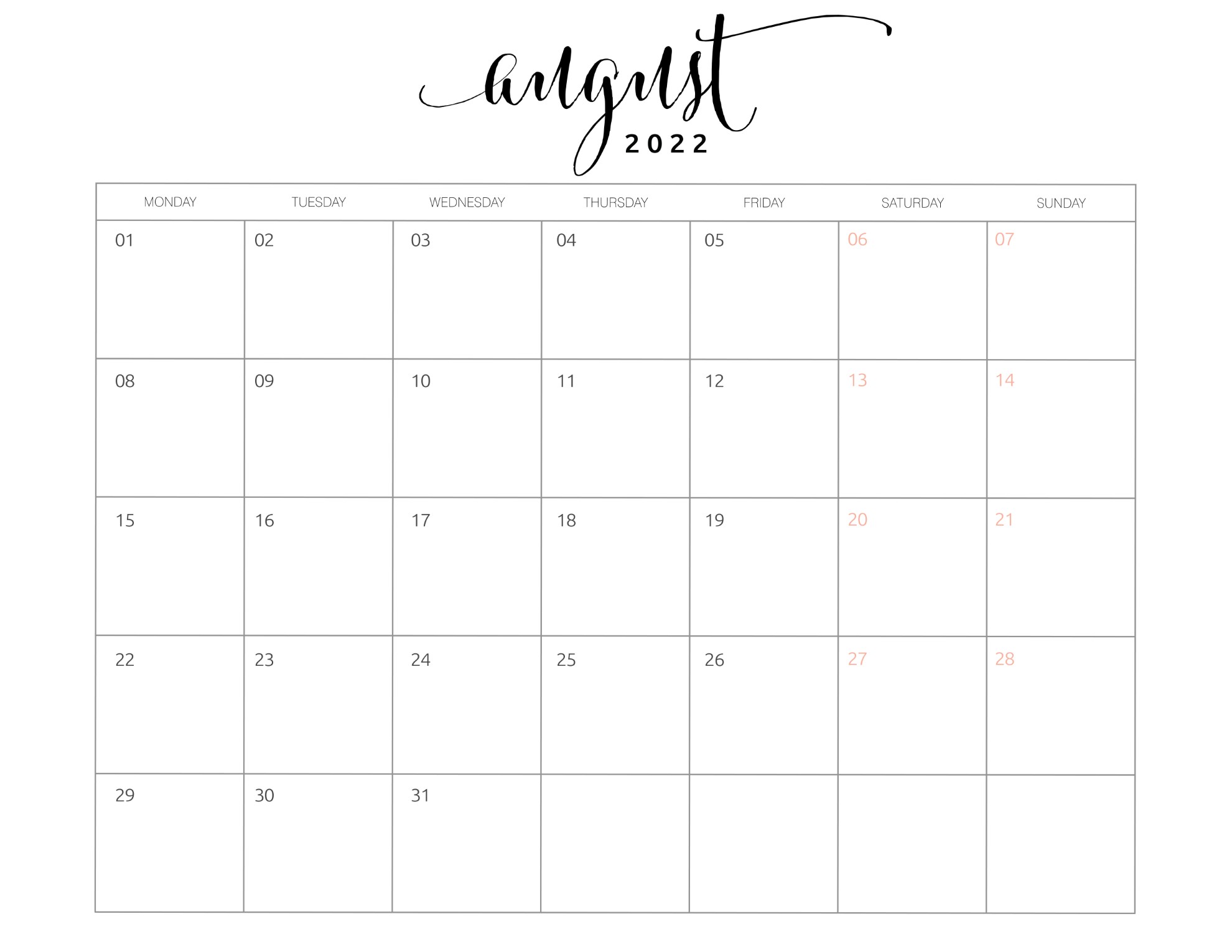 2022 calendar free printable monday start world of printables