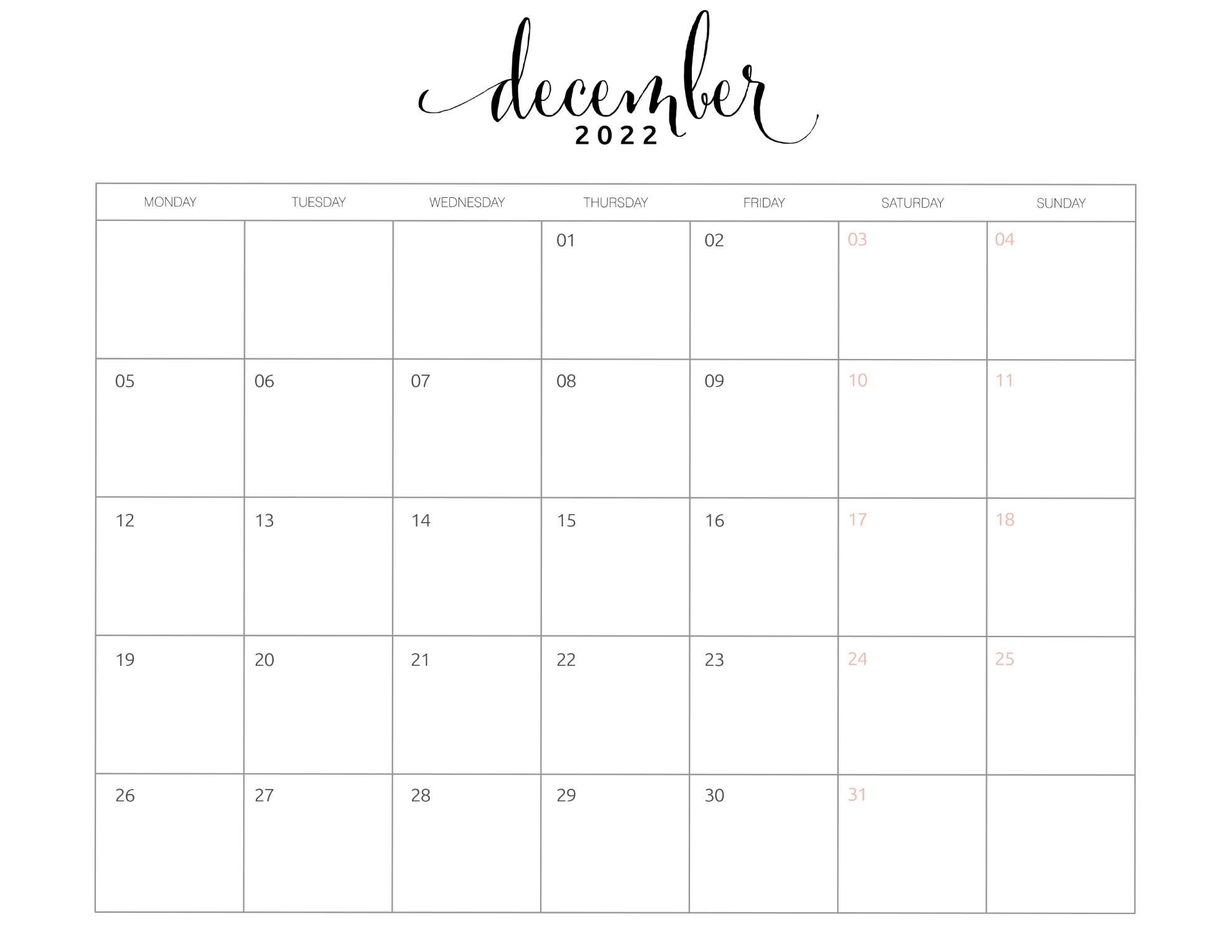 Printable Calendar 2022 December 2022 Calendar Free Printable Monday Start - World Of Printables
