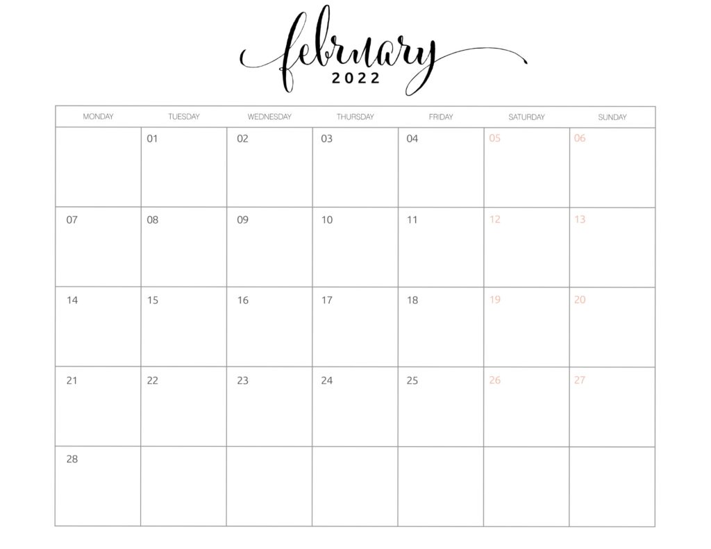 2022 Calendar Free Printable Monday Start - World of Printables