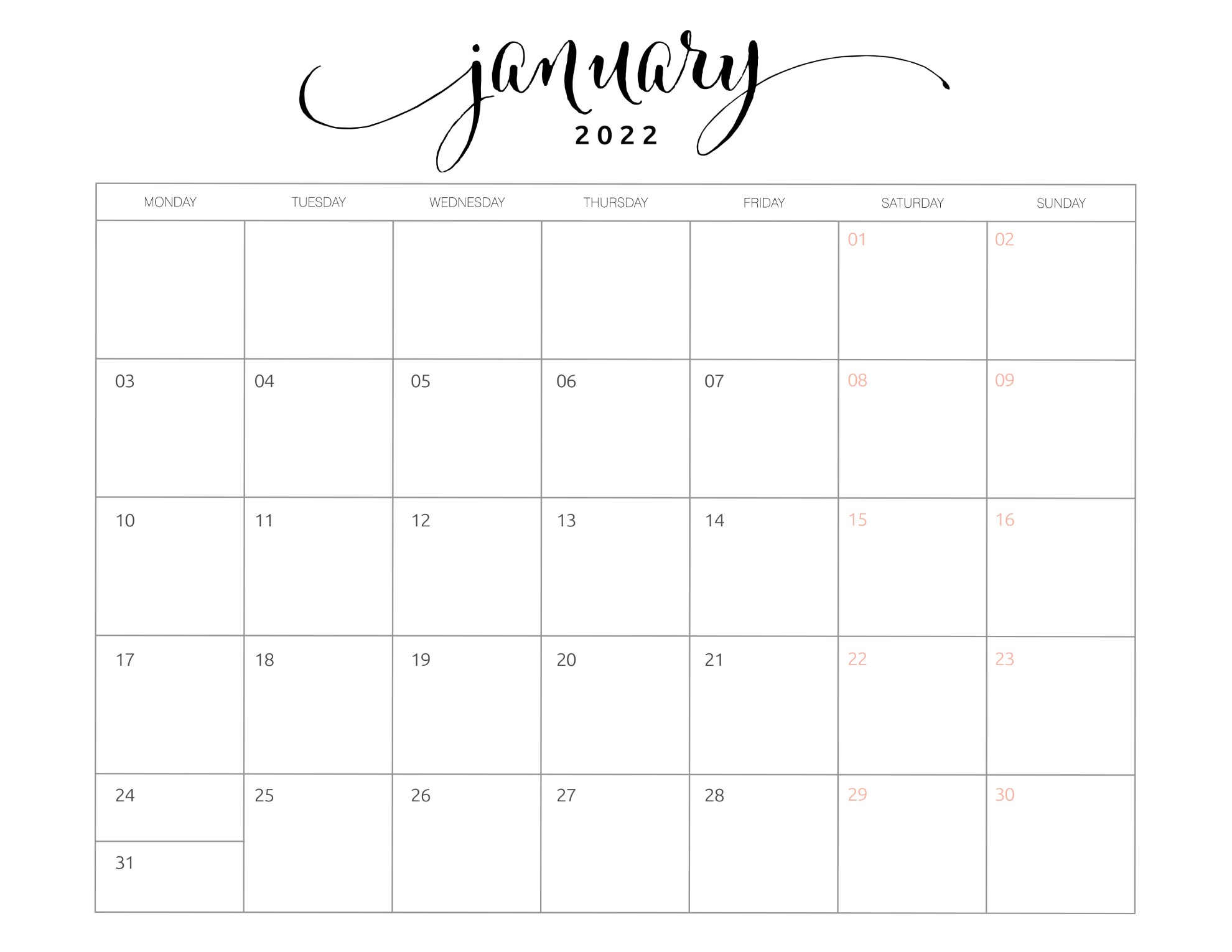 january 2022 calendar coloring pages