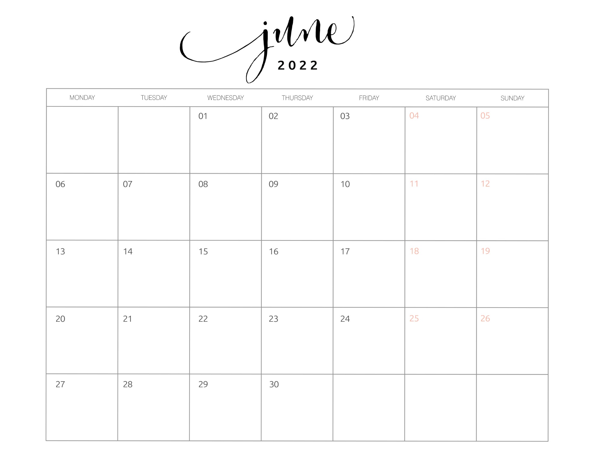 2022 monthly calendar printable june