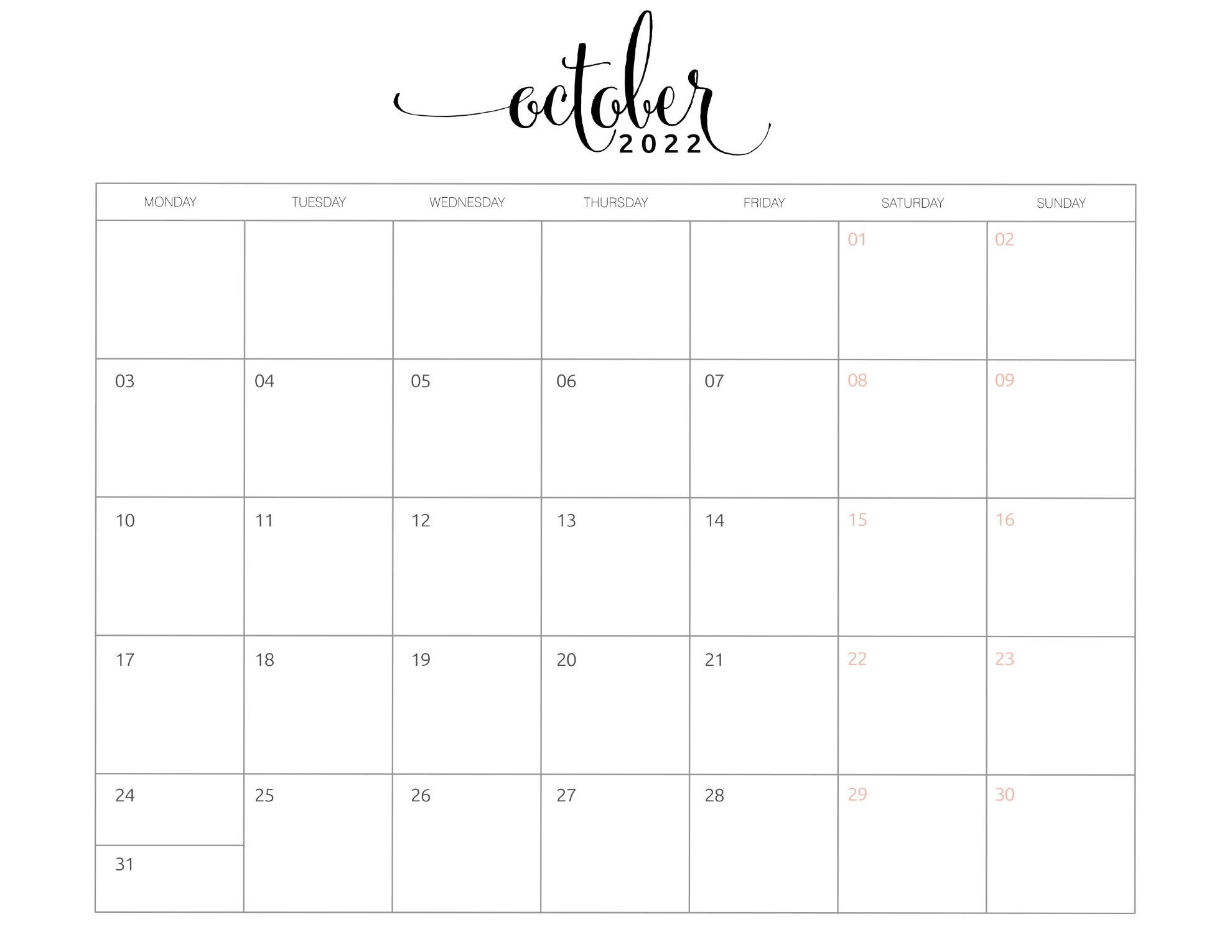 2022 calendar free printable monday start world of printables