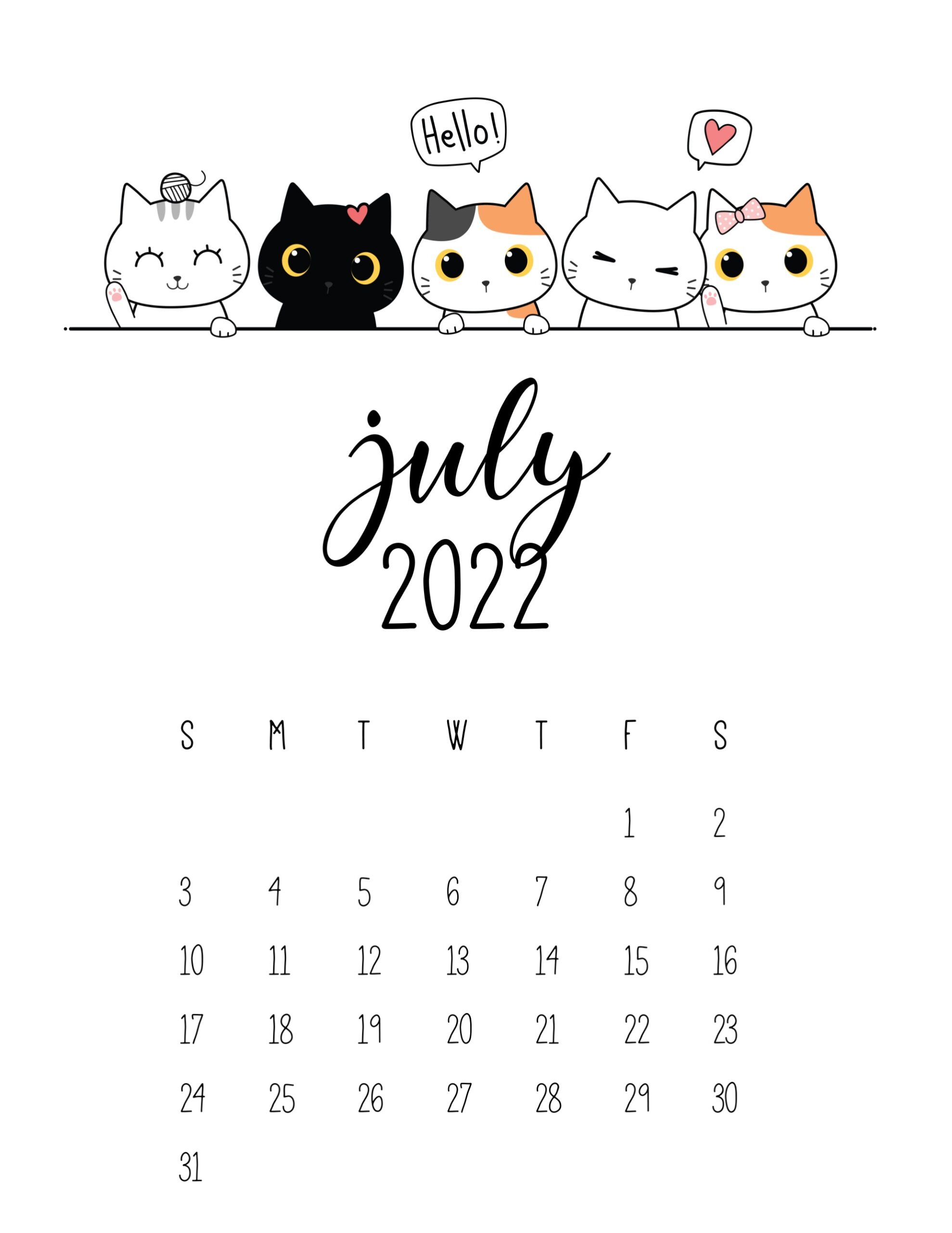 Peeking Cats July 2022 Calendar.