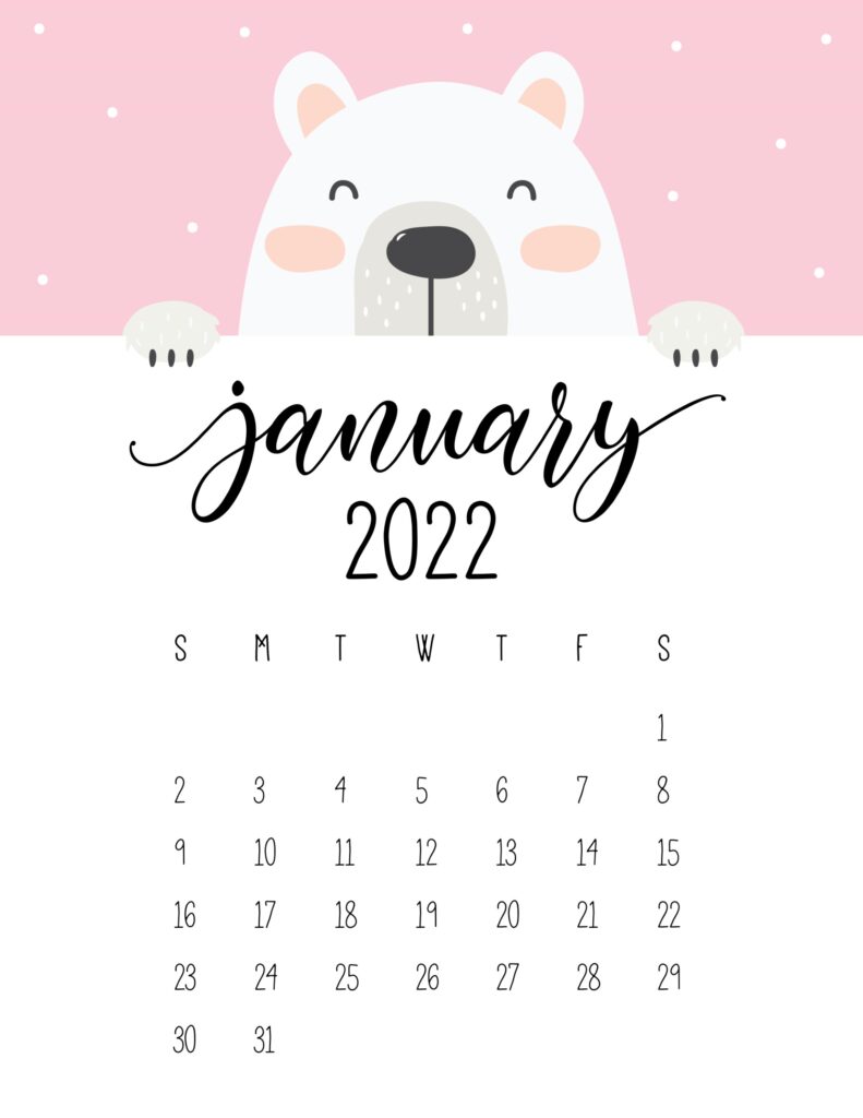 cute january 2022 calendar free printable academic