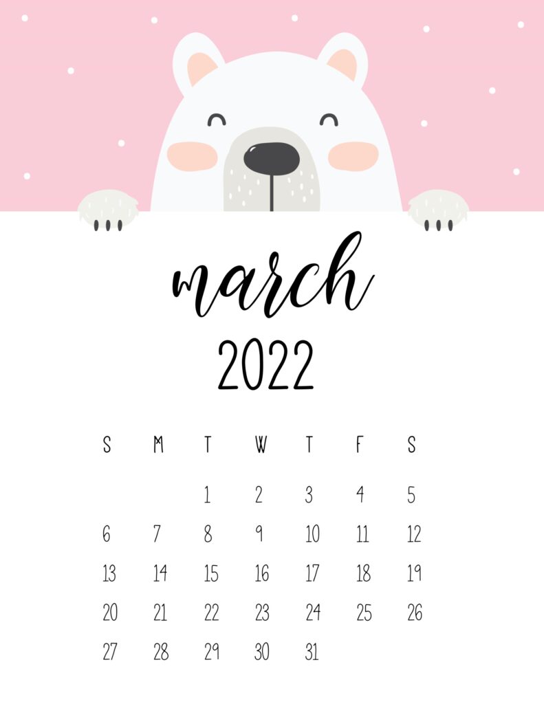 cute bear calendar 2022 - march