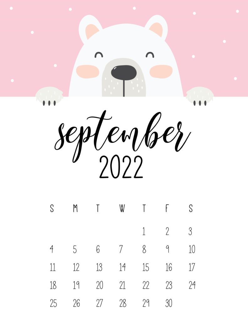 cute bear calendar 2022 - september