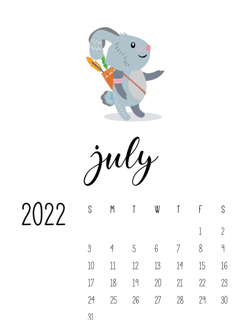 cute printable calendar 2022 - july