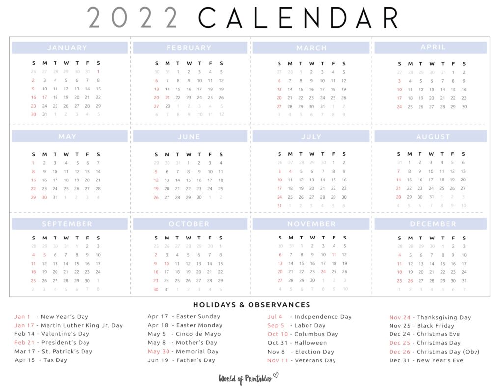free printable 2022 calendar with holidays