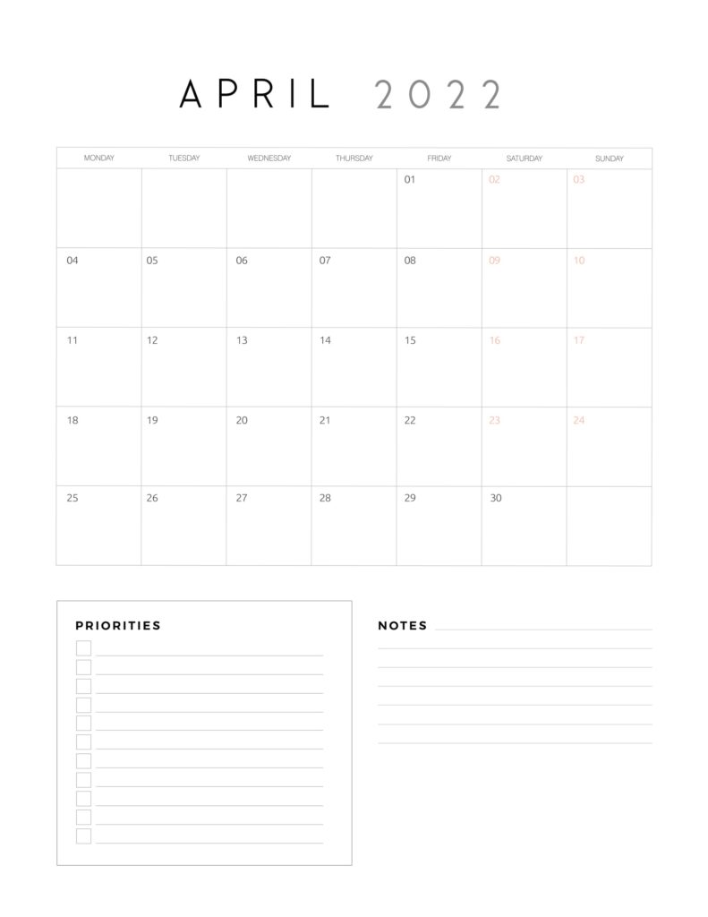 family organiser calendar 2022 - April