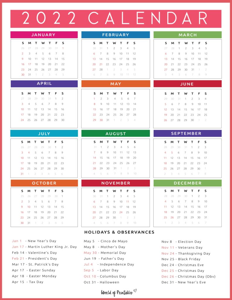 free printable 2022 calendar with holidays