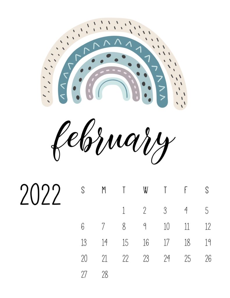 free printable 2022 rainbow calendar - february