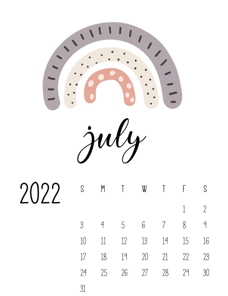 free printable 2022 rainbow calendar - july