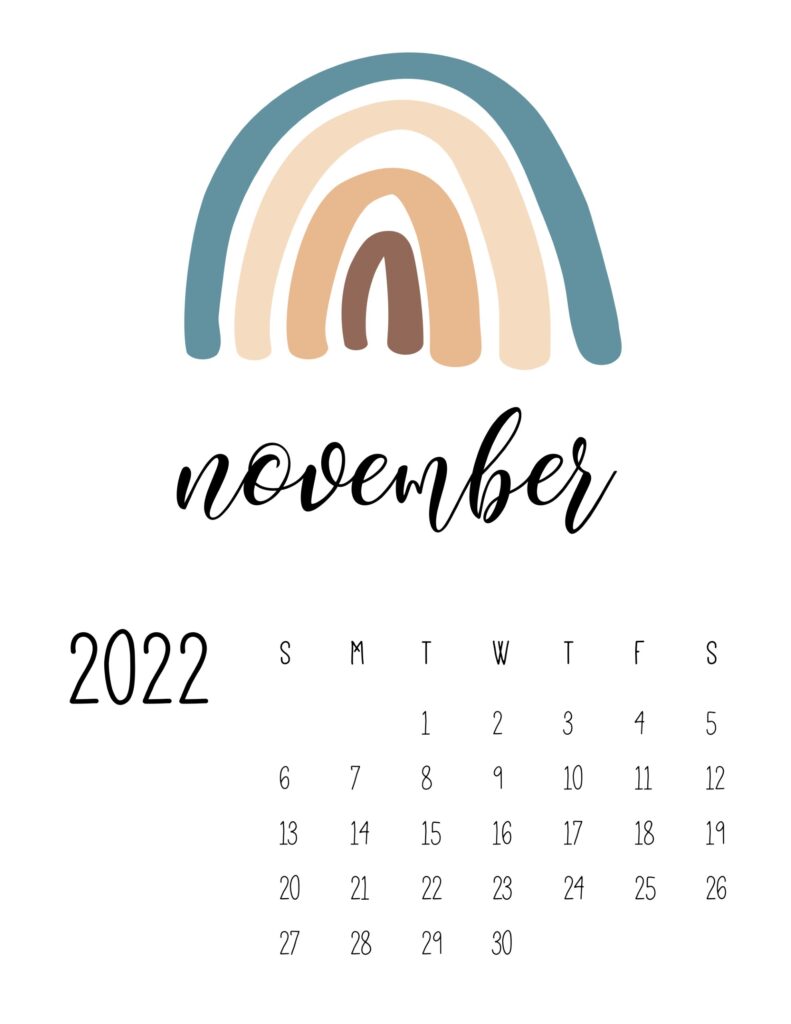 free printable 2022 rainbow calendar - november