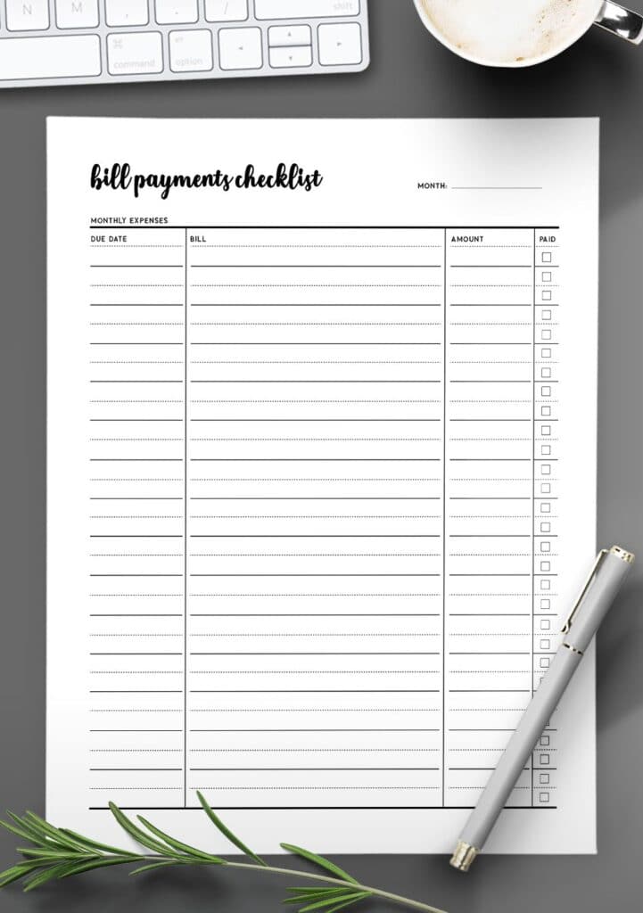 free printable bill pay checklist