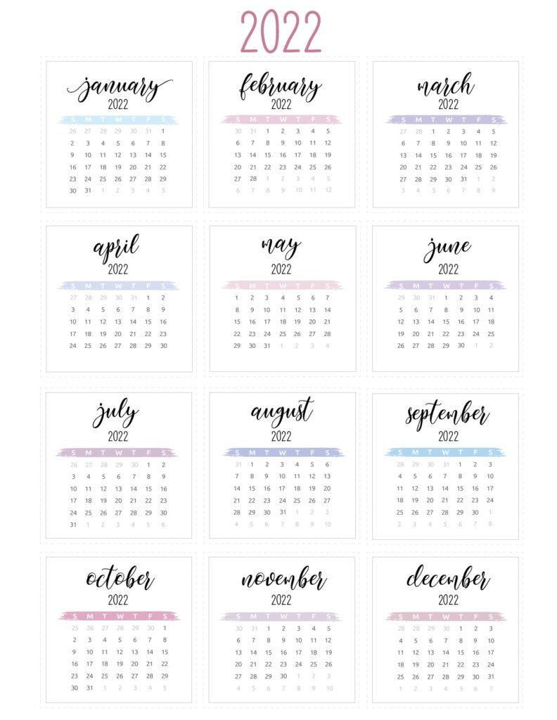 free printable yearly calendar 2022