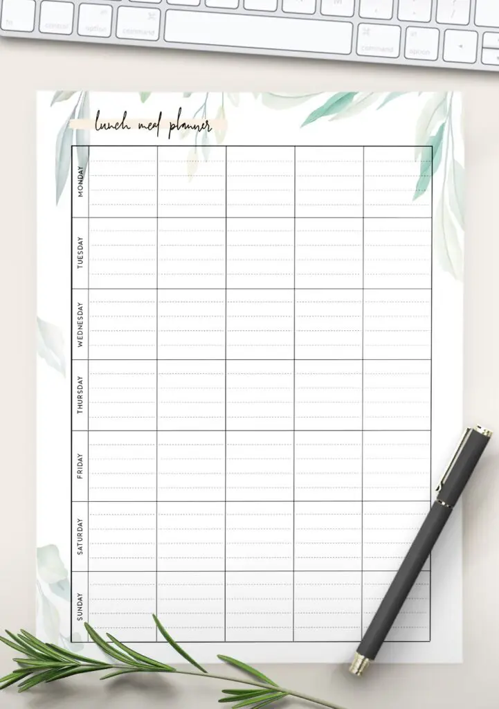 printable lunch meal planner