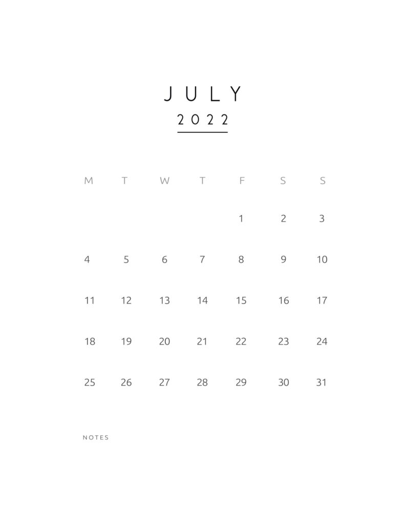monthly calendar 2022 - july
