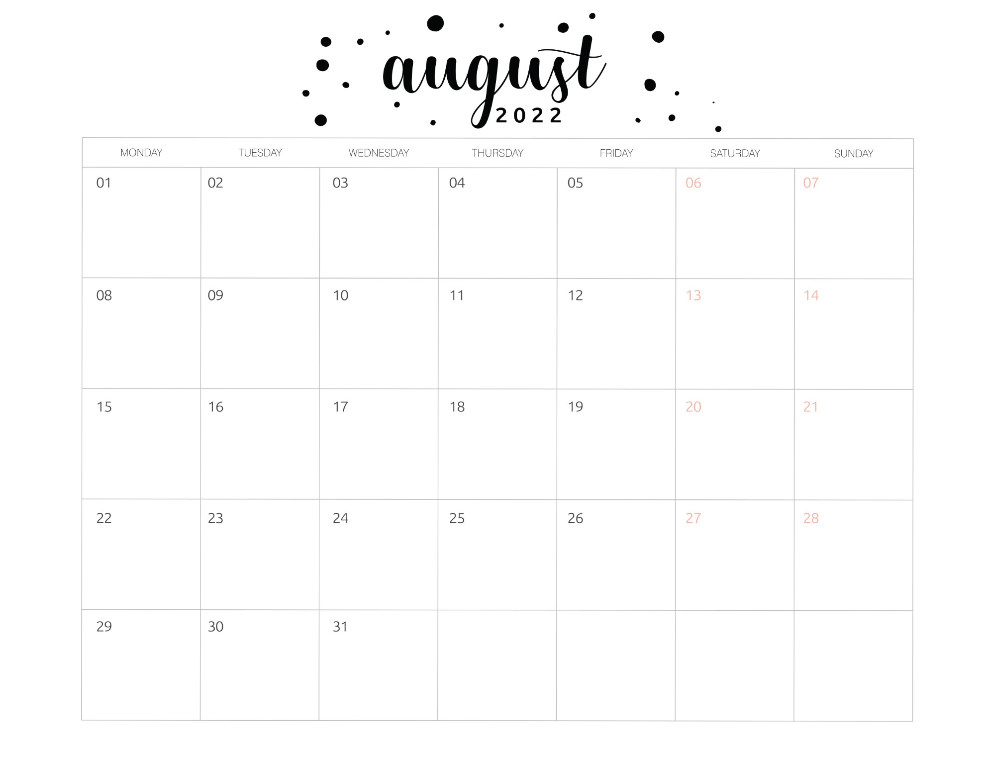 printable 2022 calendar template world of printables