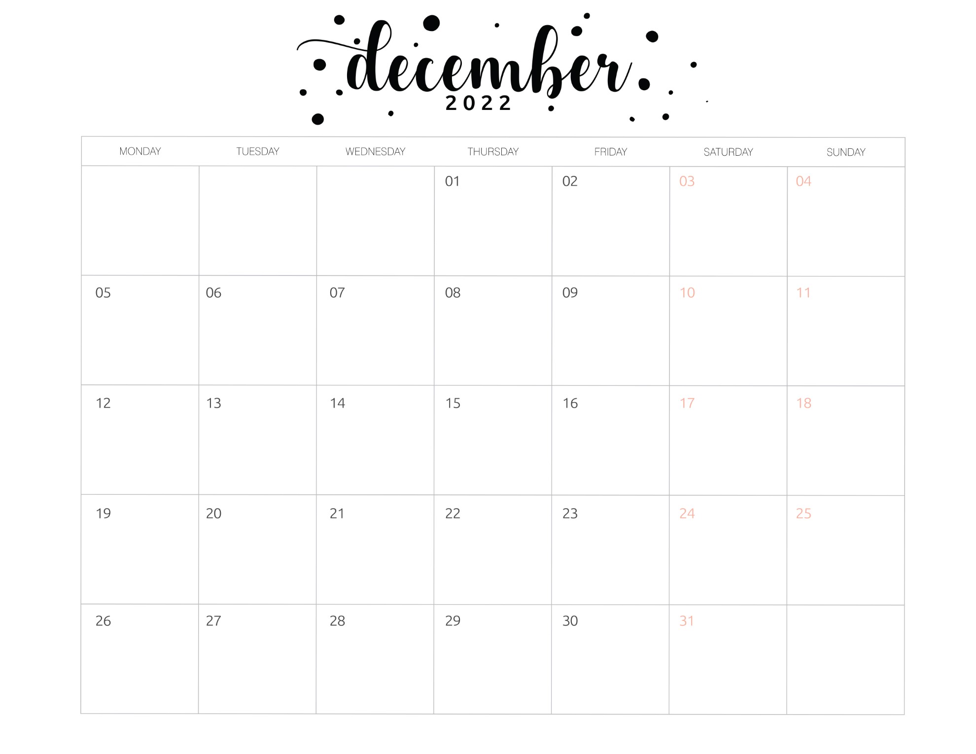 calendar december 2022 and january 2022 printable