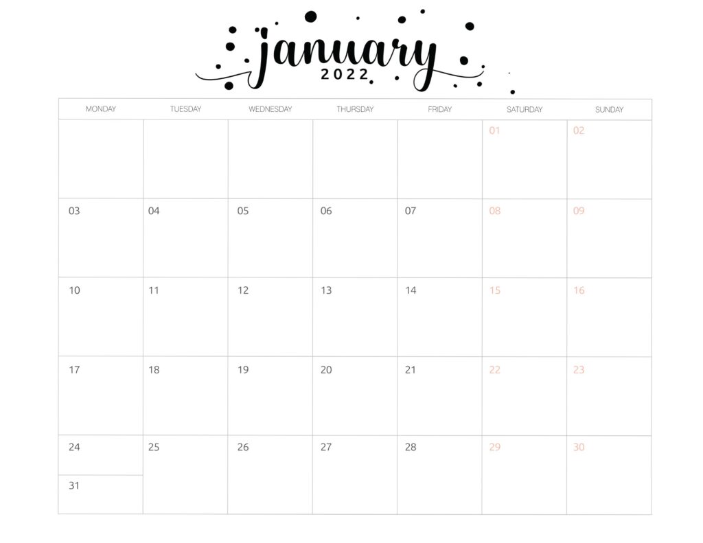 Printable January 2022 calendar template