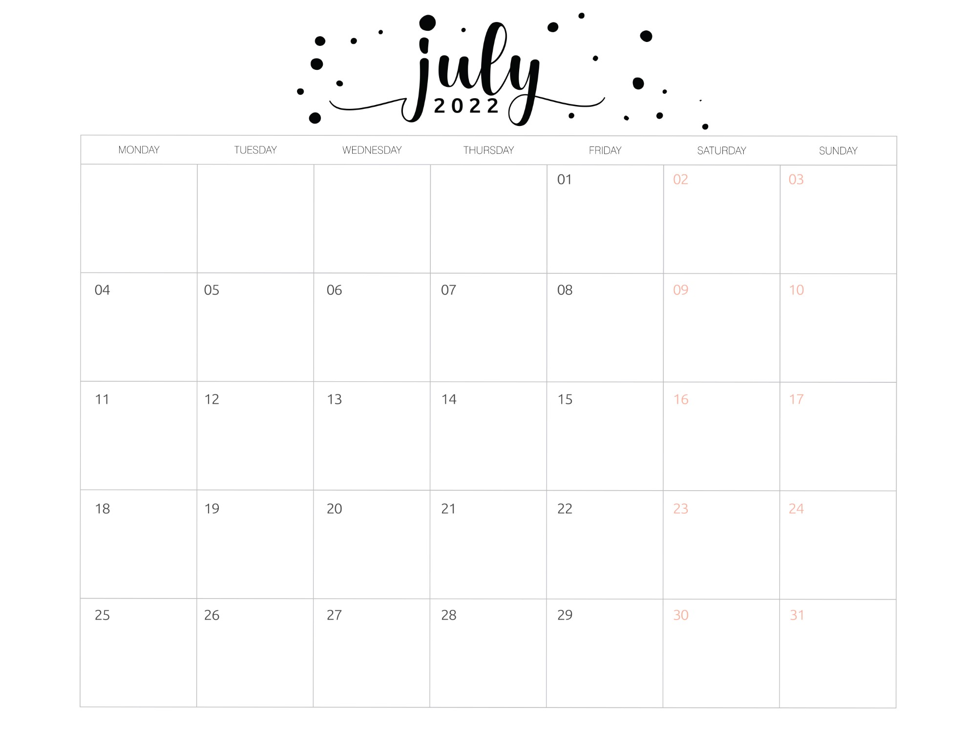 Cute July 2022 Calendar Free Printable July 2022 Calendars - World Of Printables