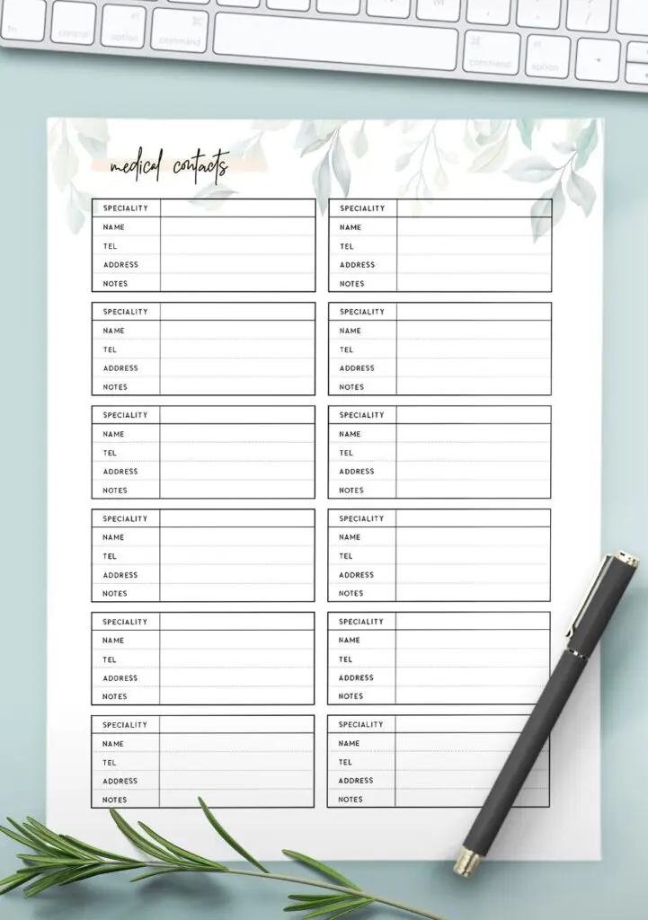 printable medical contacts list